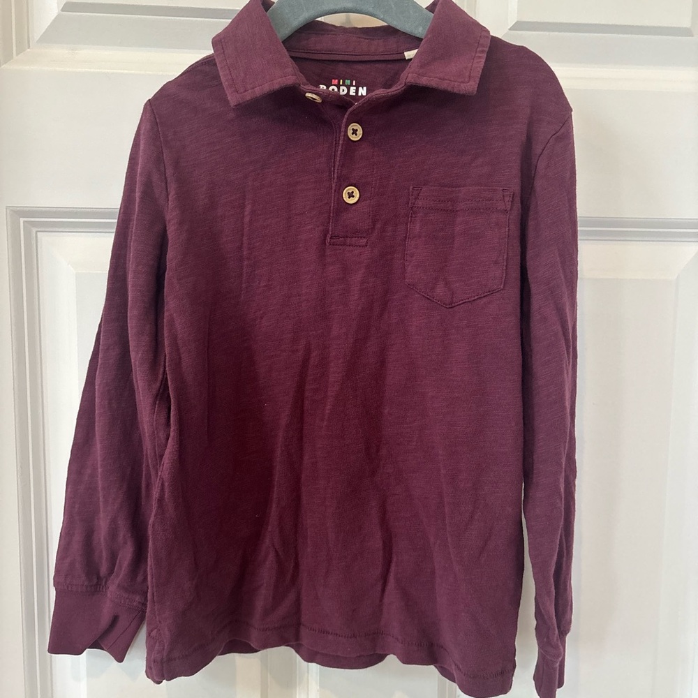 Mini Boden purple cotton Long Sleeve Polo Pocket Shirt 6-7 boys